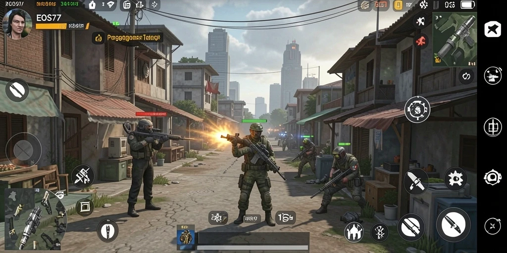 Gameplay strategis intens dalam EOS77 yang menampilkan pertempuran taktis.