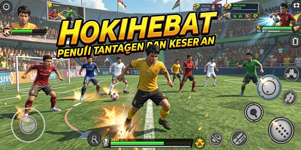 Screenshot utama HOKIHEBAT menunjukkan aksi seru di lapangan olahraga.