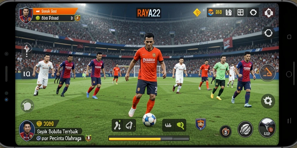 Screenshot utama RAYA22 menampilkan aksi intens di lapangan sepak bola.