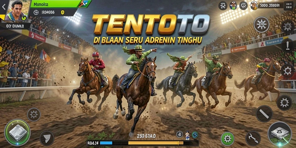 Screenshot utama TENTOTO menampilkan aksi seru balapan di trek yang menantang.